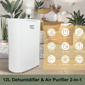 Matteo 12L Dehumidifier / Air Purifier Low Energy Large Tank 2.5L