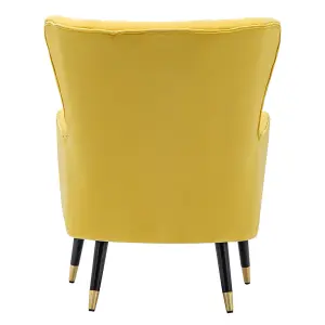 Modern Wing Back Velvet Tufted Armchair, Yellow Upholstered Occasional Chair Accent Sofa Chair with Lumbar Pillow