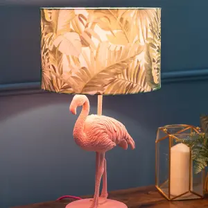 ValueLights Pink Velvet Flamingo Bedside Table Lamp with Tropical Palm Leaf Drum Lampshade Animal Light