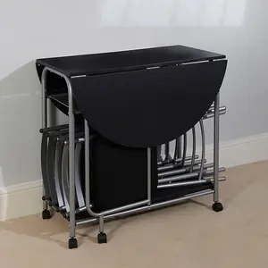 Greenhurst Stowaway Dining Set, Black Drop Down Table with Silver Frame, Four Folding Chairs Stack Underneath, Compact Footprint