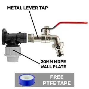 Garden Watering tap/Stopcock 20mm Water Pipe MDPE Back/Wall Plate+Lever tap+Free Thread Seal Tape