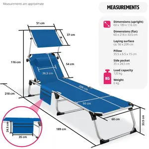 Sun Lounger Aurelie - foldable with headrest, 6 position backrest - blue