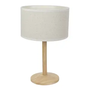 ValueLights Triston Natural Light Wood Stem Table Lamp with Linen White Trim Drum Lamp Shade and LED Bulb