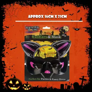 Halloween Cats Ears & Mask Set Halloween Party, Trick or Treat  Black Shiny