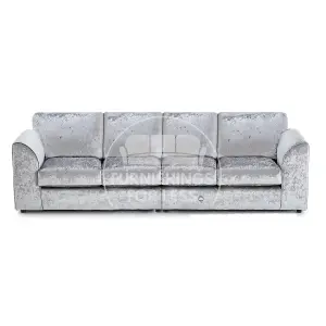 Crystal Crushed Velvet Fabric Long 4 Seater Sofa  Silver - Full Back