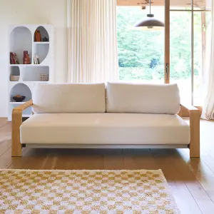 sweeek. 3-seater sofa bed in white boucle with wooden armrests Eden White 224x108x85 cm