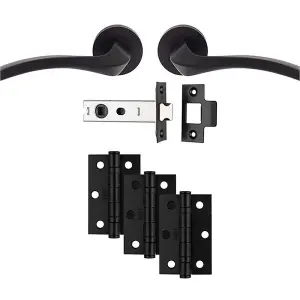 Premium Door Handle & Latch Pack - Matt Black Curved Square Lever Round Rose