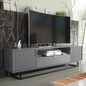 TV Unit 200cm Loft Retro Milled Fronts TV Stand Vintage Cabinet Grey