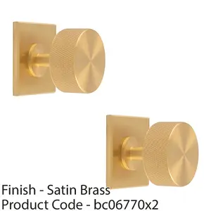 2 PACK - Knurled Radio Cabinet Door Knob & Matching Backplate - Satin Brass 40 x 40mm