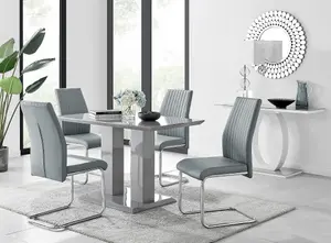 Imperia Grey High Gloss 4 Seater Dining Table with Structural 2 Plinth Column Legs 4 Grey Faux Leather Lorenzo Chairs