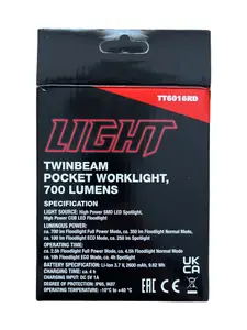 Light Twinbeam Heavy Duty Rechargeable Pocket Work Light Torch 700 Lumens - Red