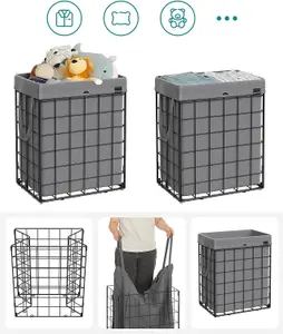 SONGMICS Laundry Bin, Foldable Clothes Basket, Washing Hamper, Detachable Liner, Wire Frame, for Bath or Bedroom, Black and Grey