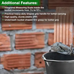 Set of 4 12L Gallon Black Plastic Bucket with Handles -Sturdy Water Bucket Big Bucket with Measuring - Ideal for Home and Garden