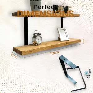 70cm Double Rustic Wooden Shelves Wall-Mounted Shelf with Seated Double Black L Brackets, Solid Timber - Ideal for Kitchen