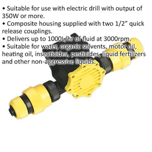 Electric Drill Powered Water Pump - 1000L/Hr - Two 1/2" Quick Release Couplings