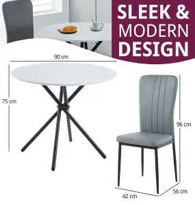 Hallowood Furniture Cullompton Small Round Dining Table 90cm with 2 Grey Faux Leather High Back Chairs