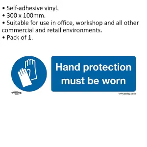 Mandatory Hand Protection Safety Sign - Self Adhesive Vinyl Sticker 300x100mm