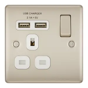 BG Nickel Single 13A Raised slim Switched Screwed Socket with USB, x2 & White inserts