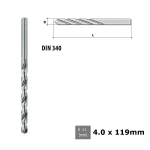 Quality Drill Bit For Metal - Fully Ground Polished HSS DIN 340 Silver - Diameter 4.0mm - Length 119mm