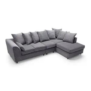 Jumbo Large Grey Cord Right Facing Corner Sofa for Living Room with Thick Luxury Deep Filled Cushioning