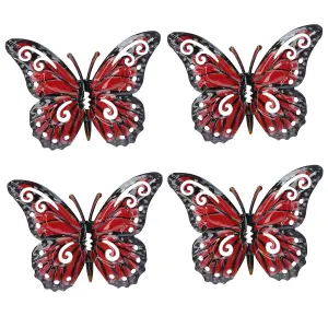 Set of 4 Red Small Metal Butterflies Garden/Home Wall Art Ornament