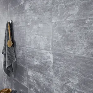 Shaded slate Anthracite Matt Split Face Porcelain Indoor Wall Tile, Pack of 6, (L)300mm (W)600mm