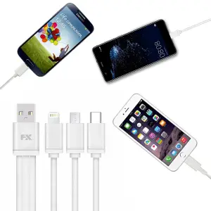 FX 3 in 1 iPhone, Type C and Micro USB Cable,  White