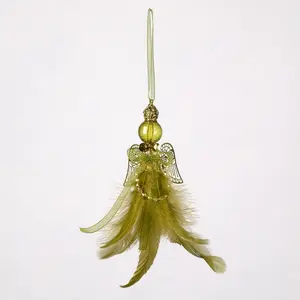 Acrylic Crystal Angel with Feather Hanging Figurine Ornament Green/Gold / 17cm H x 5cm W x 6cm D