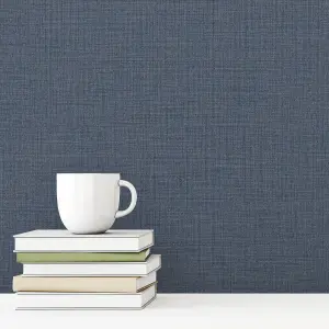 Grandeco Linen Textured Plain Wallpaper, Navy Blue