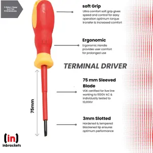 Screwdriver VDE Electrical Slotted Flat Insulated Terminal Driver 3mm x 75mm 2pack