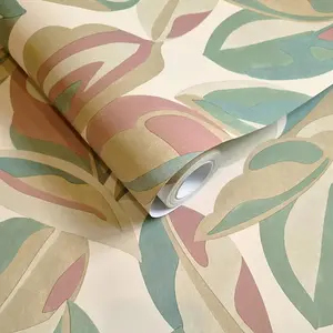 Abstract Leaf Wallpaper Multi Pink Cream Beige Green Natural Leaves Botanical