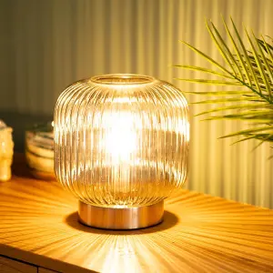 ValueLights Monroe Smoked Ribbed Glass Portable Cordless Battery Powered Table Lamp Bedside Light