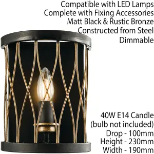 Dimmable LED Wall Light Industrial Matt Black & Bronze Cage Hanging Lamp Fitting