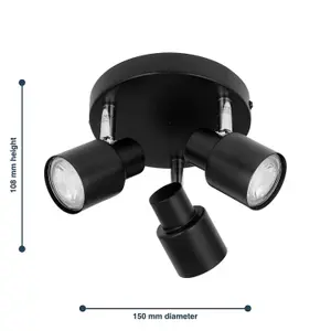 First Choice Lighting Set of 2 Black 3 Light IP44 Bathroom Round Spotlights