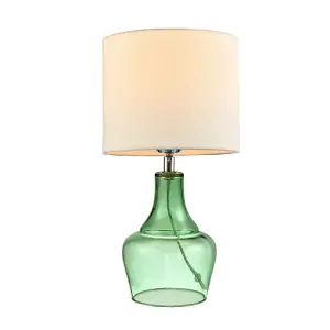 Modern Emerald Green Glass Lamp with Natural Linen Fabric Shade and Clear Cable