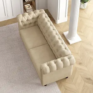 MCC Direct Large 2 seater Chesterfield Style Button back Sofa/Couch Linen Fabric Settee Beige - Victoria