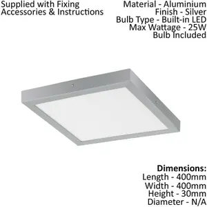 2 PACK Wall / Ceiling Light Silver 400mm Square Surface Mounted 25W LED 3000K