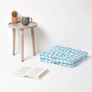 Homescapes Blue Block Check Cotton Gingham Floor Cushion, 40 x 40 cm