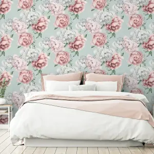 Arthouse Mixed Peonies Mint Wallpaper