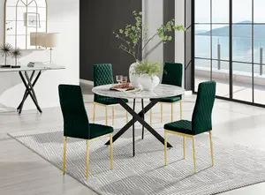 Furniturebox UK Novara White Marble Black Leg 120cm Round Dining Table & 4 Green Velvet Milan Gold Leg Chairs