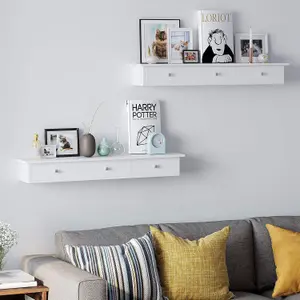 SONGMICS Floating Wall Shelf with 3 Drawers, Wall Storage Unit, for Hallway, Living Room, Bedroom, Kitchen, White