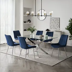 Lucia Rectangular Glass Dining Table & Blue Velvet Almeria Chairs, 6 Seater