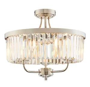 Bright Nickel Semi Flush Ceiling Light with Clear Cut Glass 3 Bulb Low Hanging