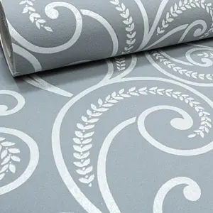 Grey Silver Textured Metallic Swirl Paisley Shimmer Wallpaper Feature Wall Living Room