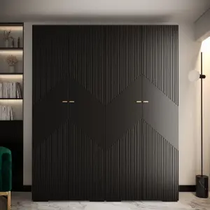 Manhattan II Modern Spacious Hinged Door Wardrobe W2000mm H2370mm D470mm - Sleek Black, 4 Doors, 20 Shelves