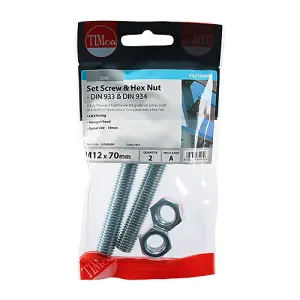 Timco - Set Screws & Hex Nuts - Grade 8.8 - Zinc (Size M12 x 70 - 2 Pieces)