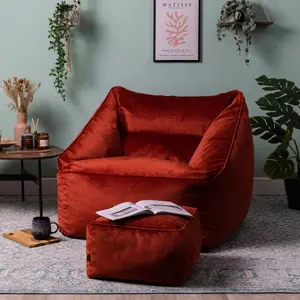 icon Natalia Velvet Armchair Bean Bag and Footstool Set Terracotta Orange Giant Bean Bag Chair