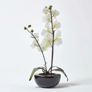 Homescapes Oriental Style Cream Orchids in Black Bowl