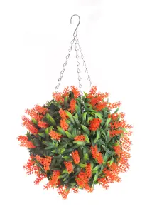 Pair of Best Artificial 28cm Orange Lush Lavender Hanging Basket Flower Topiary Ball - Weather & Fade Resistant