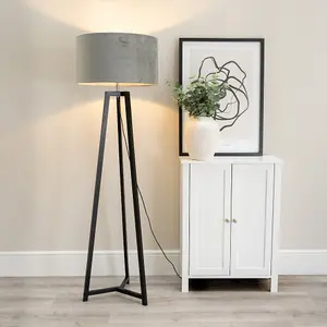 ValueLights Lottie Black Wood Tripod Floor Lamp with Grey Velvet Drum Shade - LED Bulb Included